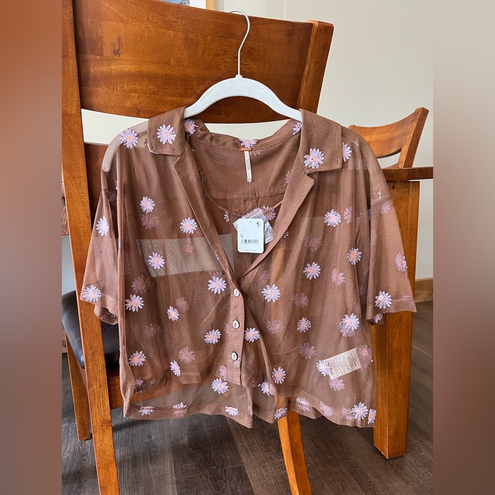 Free People Brown Sheer Floral Button-Up Shirt